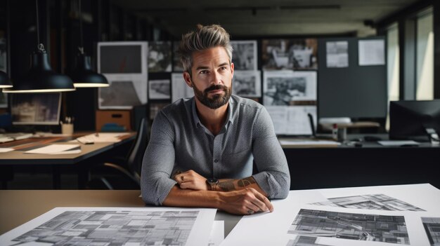 Male architect stands in an office in front of a desk with various architectural projects