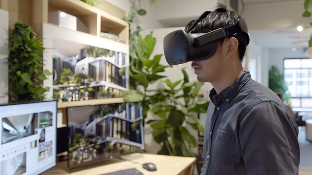 Photo male architect using virtual reality headset to visualize 3d building model technology and innovation in architecture and construction