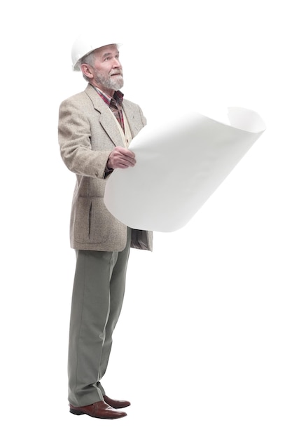 Male architect with drawings isolated on a white