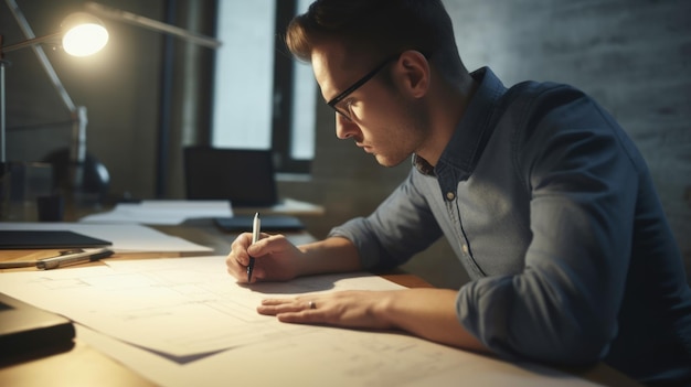 A male architect writing on architectural plan at office desk Generative AI AIG21