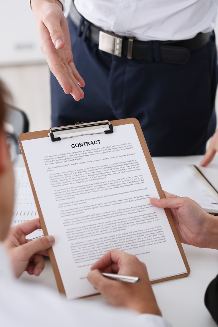 Photo male arm in shirt offer contract form on clipboard pad and silver pen to sign closeup. strike a bargain for profit white collar motivation union decision corporate sale insurance agent concept