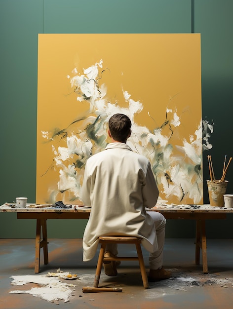 male artist sits in front of a painting in his studio Escopism Departure into creativity