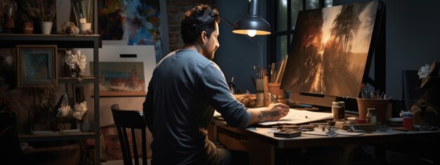 Photo male artist working on painting in his studio