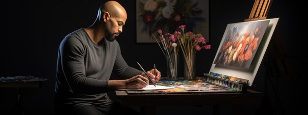 Male artist working on painting in his studio