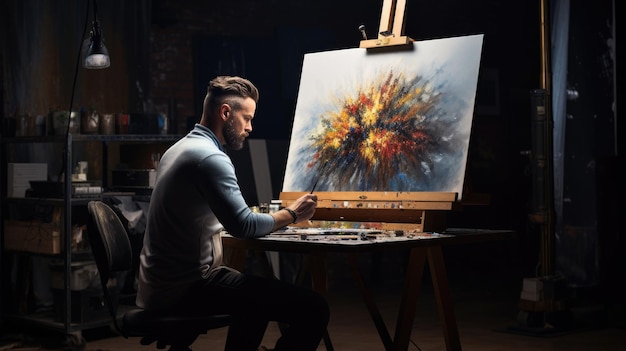 Male artist working on painting in his studio