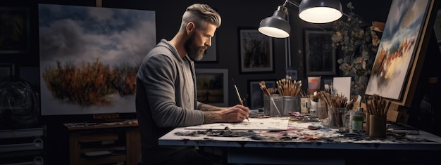 Male artist working on painting in his studio