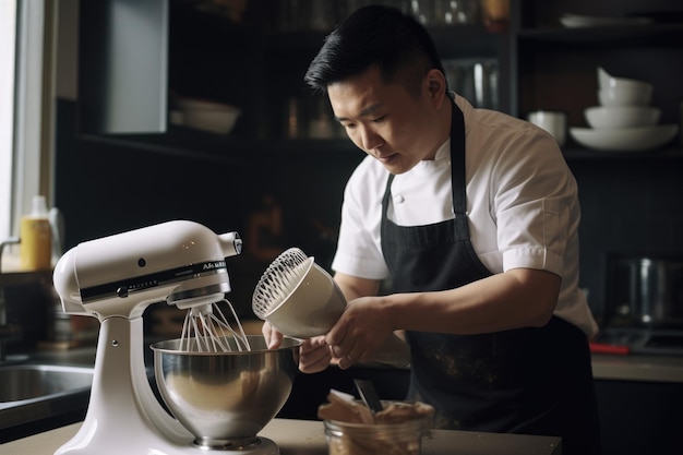 Взрослый мужчина азиатского происхождения готовит еду в кухонном фартуке в одежде шеф-повара Generative AI AIG23