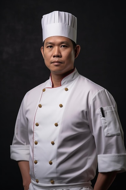 Male asian chef wearing white cook uniform on black background AI Generated