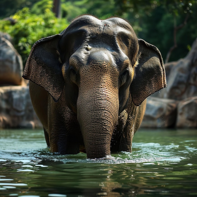 A male Asian elephant is enjoying bathing Ai generative