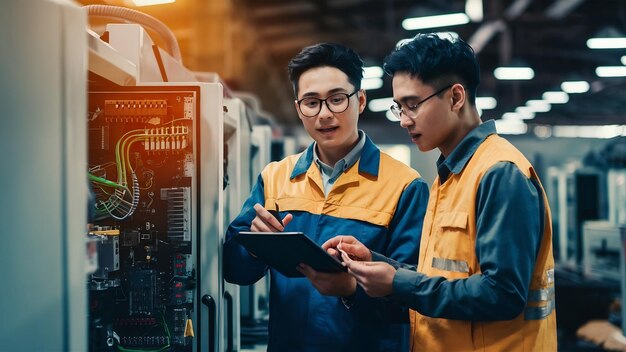 Photo male asian engineer professional having a discussion standing by the machine in the factory two asi