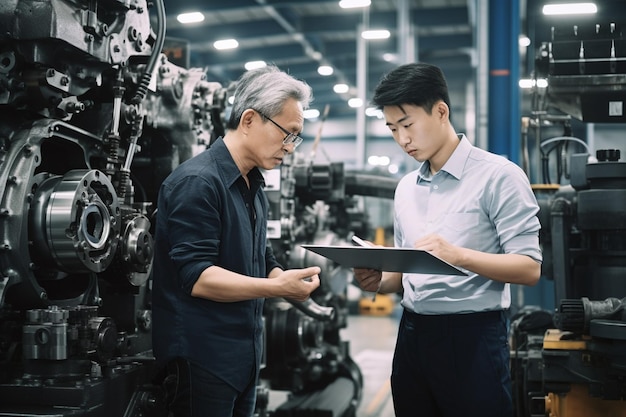 male asian engineer professional having a discussion standing by the machine in the factory