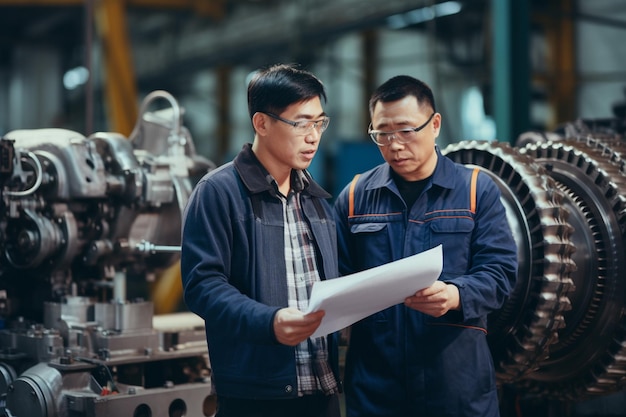 male asian engineer professional having a discussion standing by the machine in the factory