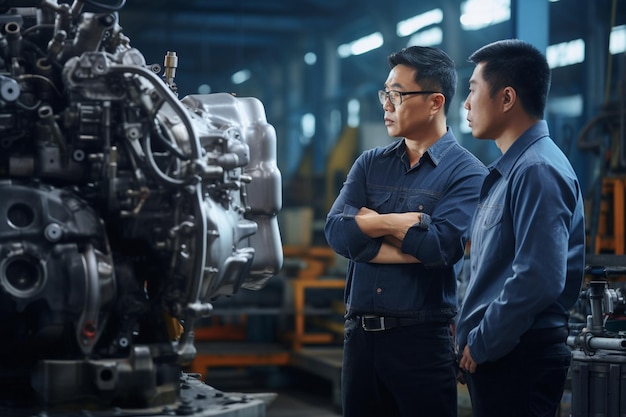 Мужчина-азиатский инженер-профессионал обсуждает, стоя у машины на заводе