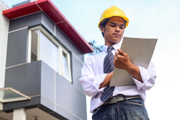 Male Asian engineer with hardhat writing on a clipboard serious civil engineer working with documen