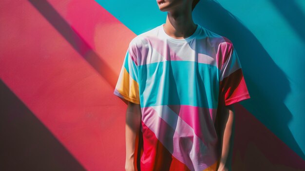 Photo a male asian model donning a colorful shortsleeved shirt in a studio setting for a fashion catalog