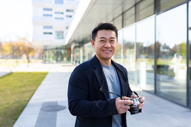 Male asian photographer tourist makes photo camera