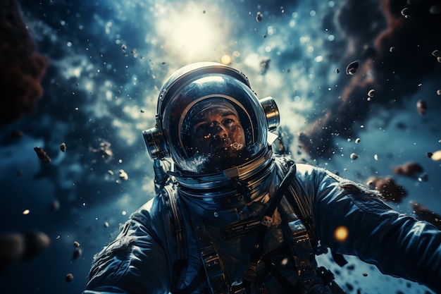 Мужчина-астронавт в скафандре на космическом фоне