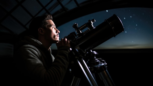 Male astronomer looks at the night sky through a telescope