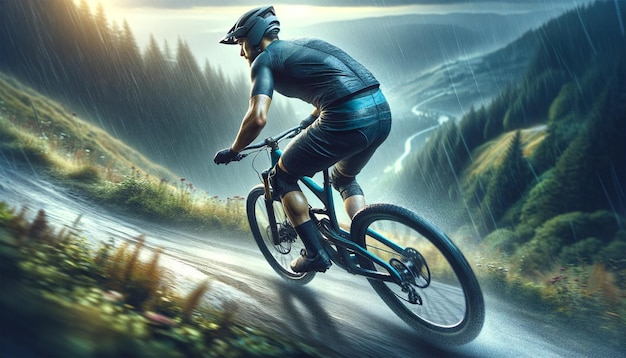 male athlete dressed in full cycling gear riding a mountain bike down