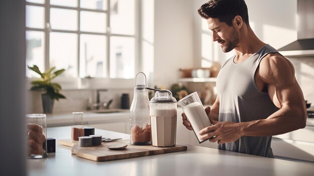 Photo male athlete pours protein powder into a bottle to replace a meal after a workoutai