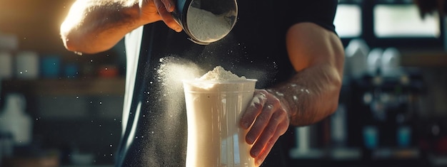 Photo a male athlete prepares a protein shake