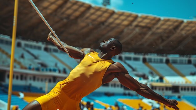 A male athlete in a yellow uniform is competing in a track and field event He is jumping over a bar while holding a long pole