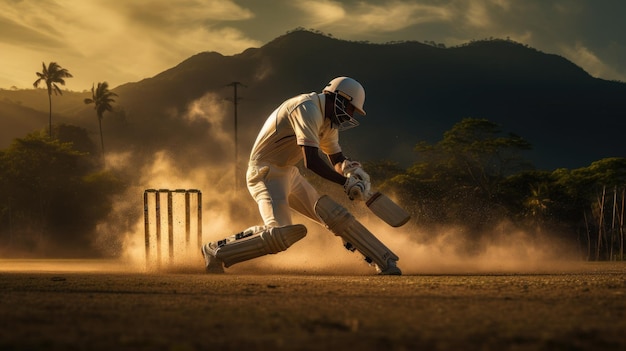 Photo male athletes playing cricket competition on field