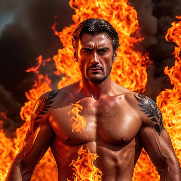 Male athletic muscular action hero on fire