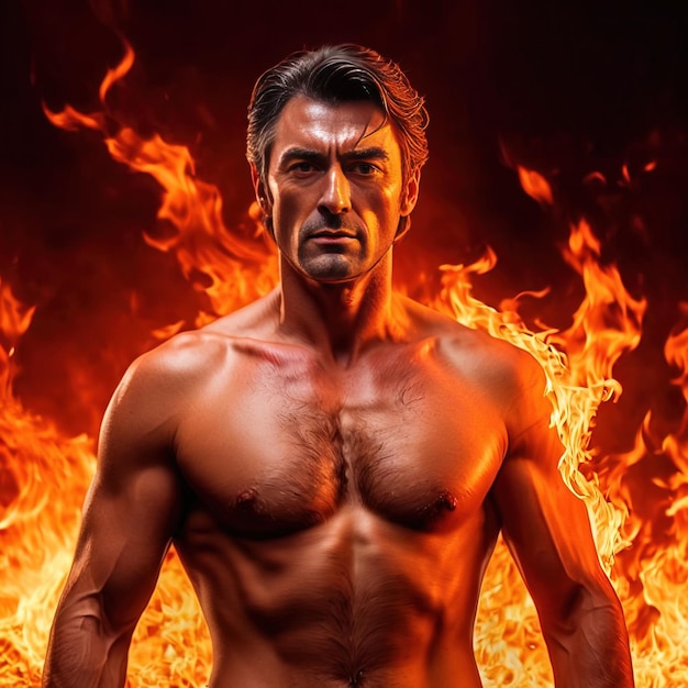 写真 男性アスリート筋肉のアクションヒーローが燃えている