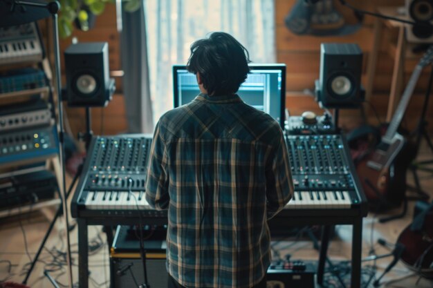 Фото Мужчина-инженер звука записывает певца в студии с помощью компьютера