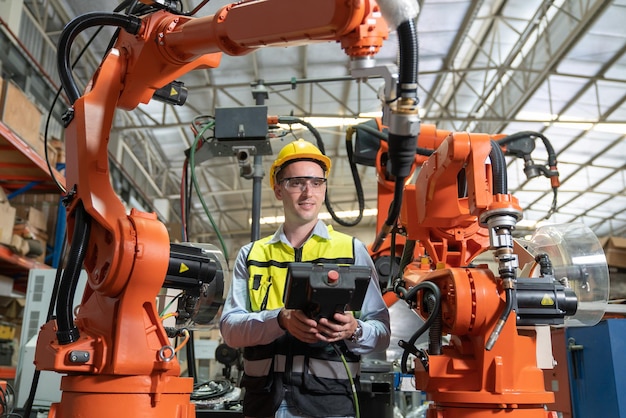 Male automation engineer hold remote board for control robot arm welding machine in industrial factory