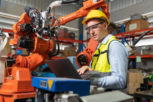 노트북을 사용하여 새로운 로봇 팔 용접기를 테스트하는 남성 자동화 엔지니어가 공장에서 작동합니다.