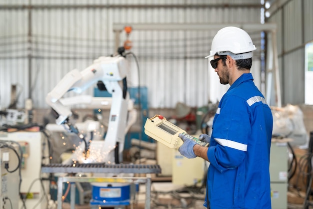 Male automation engineer using remote controller control robot arm welding machine in factory