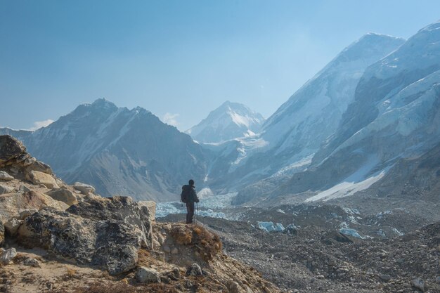 Male backpacker enjoying the view on mountain walk in himalayas
everest base camp trail route nepal trekking himalaya tourism