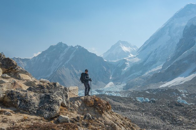 Male backpacker enjoying the view on mountain walk in himalayas
everest base camp trail route nepal trekking himalaya tourism