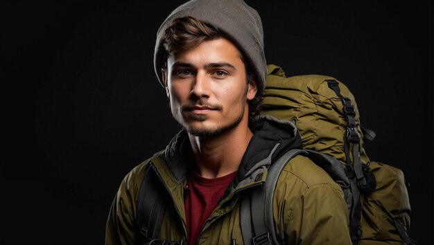 male backpacker isolated on black background