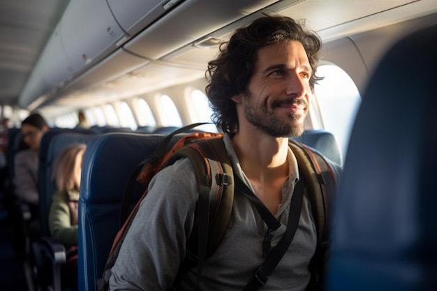 male backpacker traveler passenger Smiling on the plane in front of the passenger seat bokeh style background