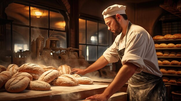 新しく焼いたパンを持ったパン屋の男性パン屋