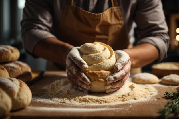 男性のパン屋がキッチンで手作りのパンのためにペーストを作っています