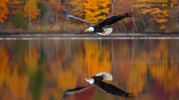 Male Bald Eagle Flying Over a Pond Casting a Reflection in the Water Generative Ai