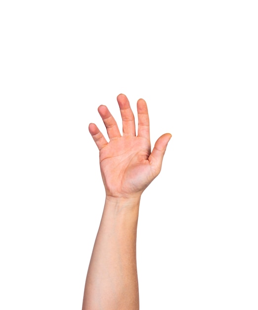 Photo male bare hand raising up against white background