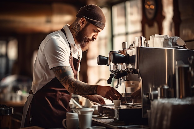 エスプレッソマシンでコーヒーを淹れる男のバリスタ 自然光のある居心地の良いカフェ