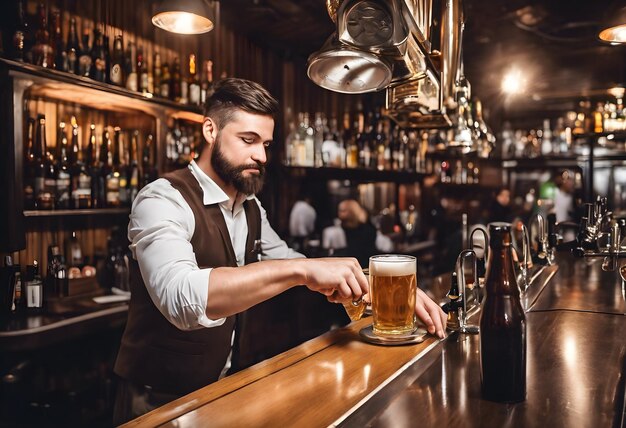 Male bartender serving customer at bar counter in modern pub with vintage decor and dim lighting