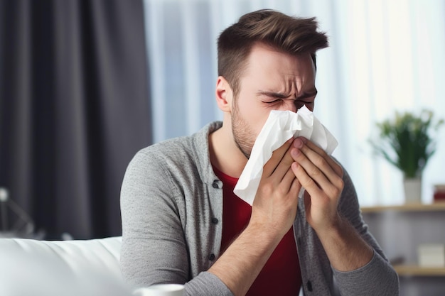 Male battling a cold holding a tissue to his face