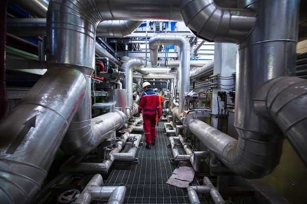 Foto maschio per essere ispezione visiva del lavoratore all'interno della valvola della sala di controllo e delle centrali elettriche della conduttura