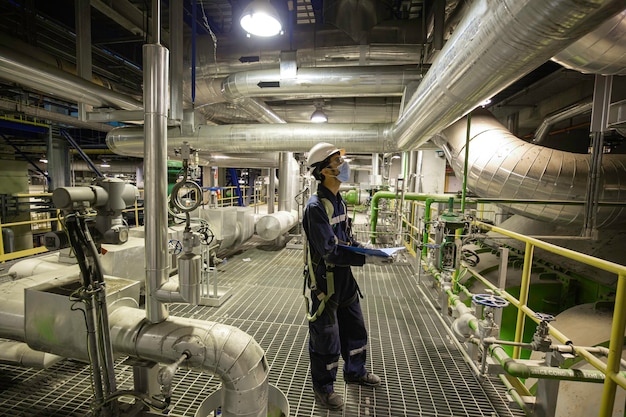 Maschio per essere ispezione visiva del lavoratore all'interno delle centrali elettriche della conduttura del serbatoio della valvola della sala di controllo