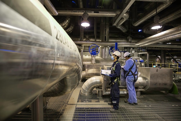 Maschio per essere ispezione visiva del lavoratore all'interno delle centrali elettriche della conduttura del serbatoio della valvola della sala di controllo