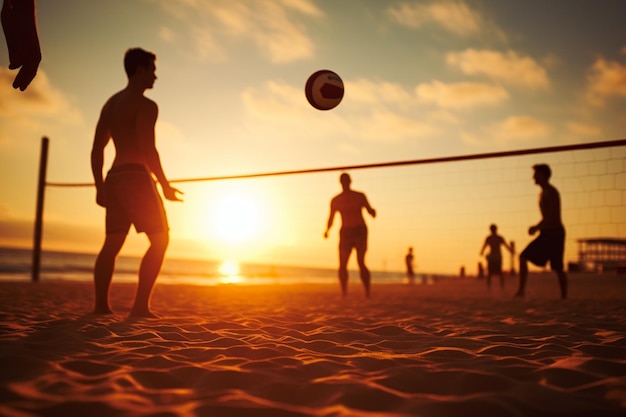 Male beach volleyball players play a volleyball match on the beach in the daytime