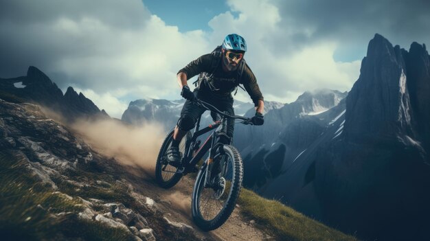 A male bicyclist riding in a mountainous terrain Extreme cycling Cycling sport