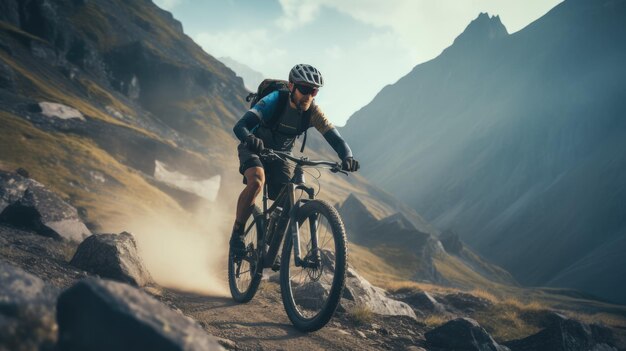 A male bicyclist riding in a mountainous terrain Extreme cycling Cycling sport